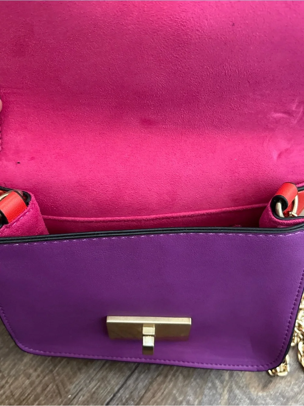 Betsey Johnson Purple, Red & Leopard-Print Crossbody with Gold Chain